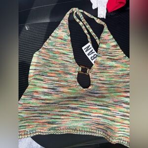 SPACEDYE KNIT HALTER TOP WITH RESIN BUCKLE DETAIL